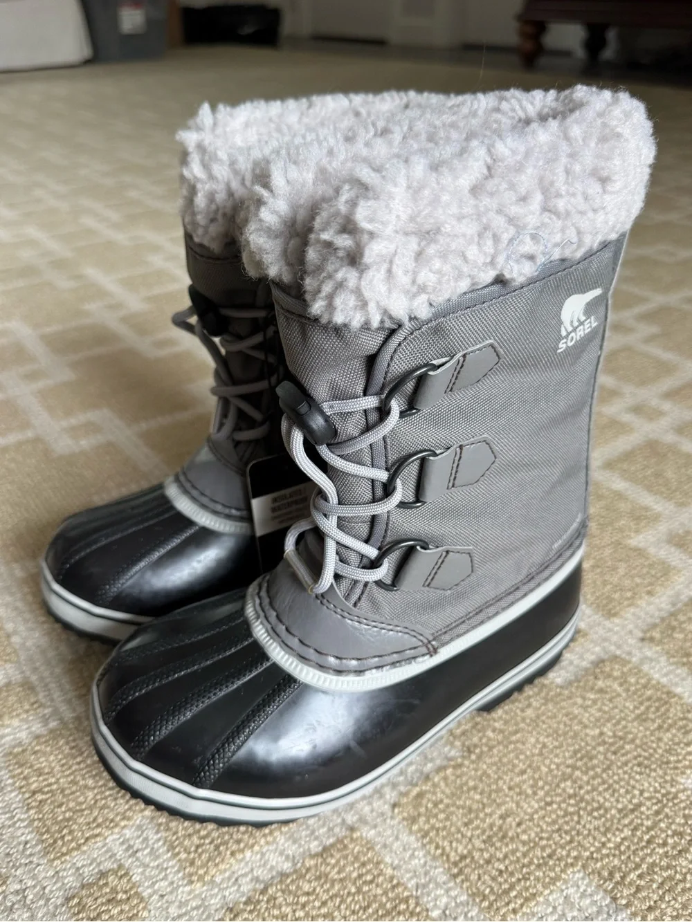 Sorel Yoot Pac Nylon Waterproof Snow Boots Quarry Dove Gray Black Kids Size 1